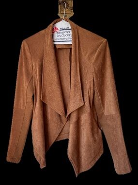 BB Dakota Faux Suede Draped Open Front Jacket Camel Brown